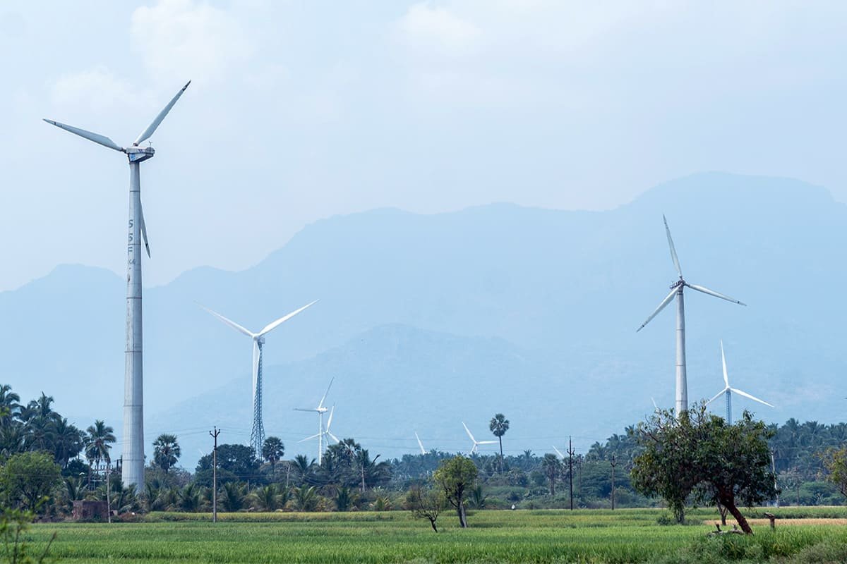 A wind farm located amidst an agricultural field in Samadhanapuram in Tirunelveli district